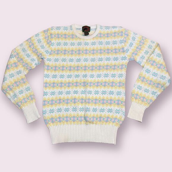 Boston Traders Sweater Womens Medium Pastel Pullover Fair Isle Ladies White Blue - Picture 1 of 3
